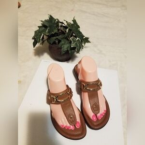 Unisa Tan Leather Sandals with Gold Accents